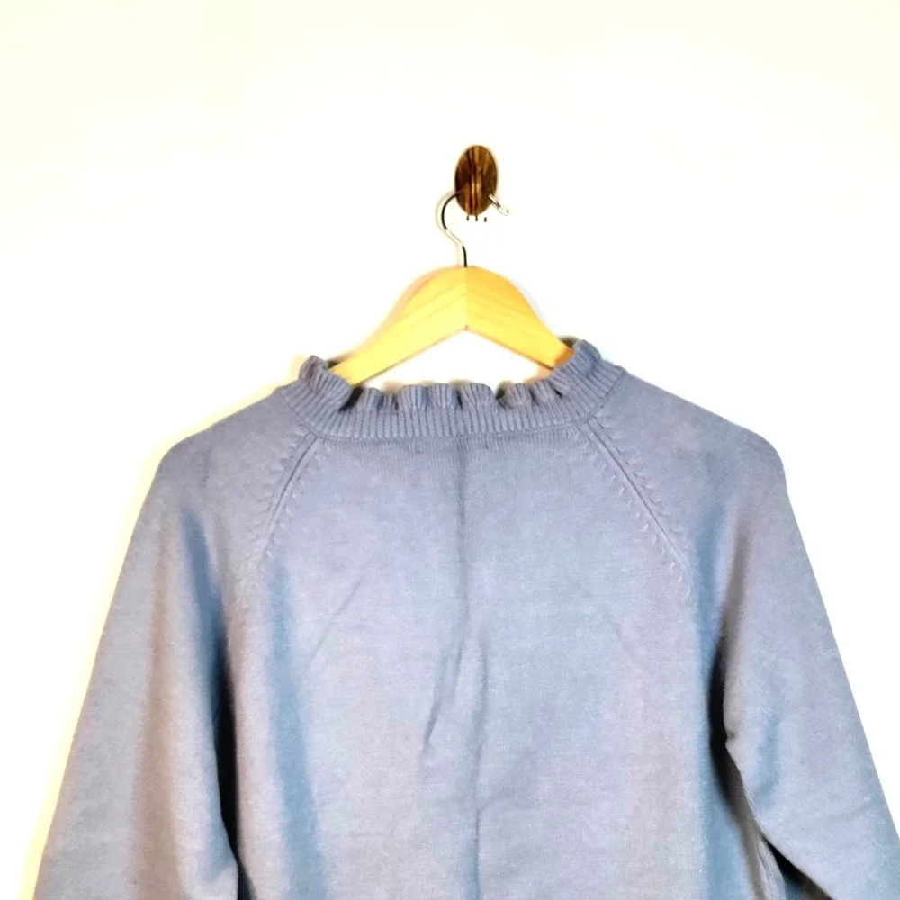 BTFBM‎ Women M 1/4 Button Blue Ruffle Neck & Cuff Knit Preppy Casual Sweater Y2K